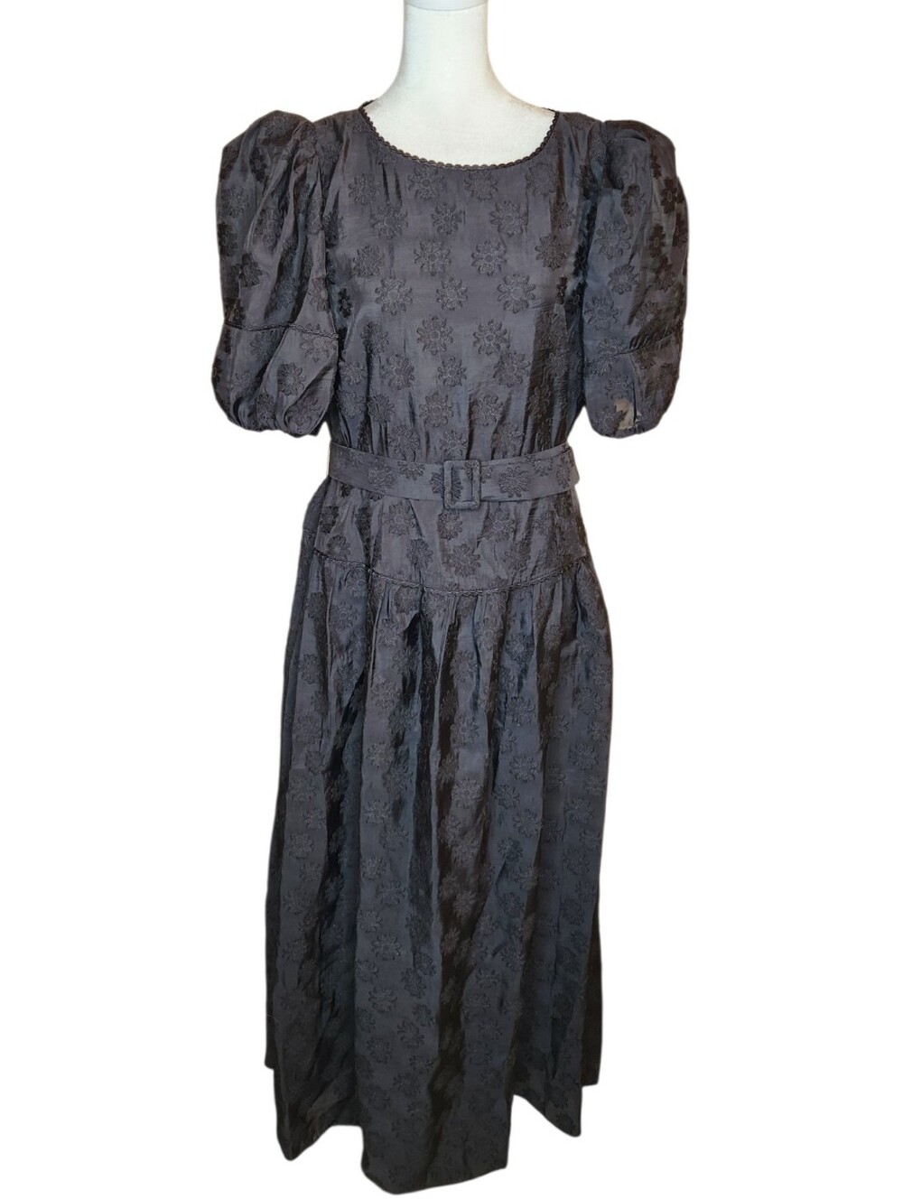 LK Bennett Esmerelda Textured Fit & Flare Midi Dress Black Puff Sleeve US 10